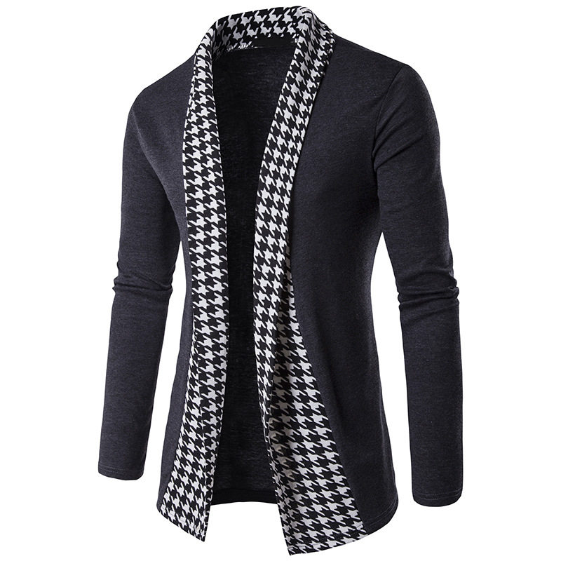 Men's Houndstooth Jacket青春扣开衩流行深灰色旅游新款开衫时尚