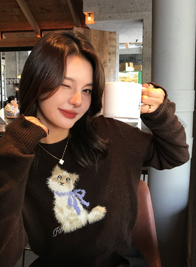 ZSS Atelier 猫咪提花圆领毛衣女秋冬复古设计感显瘦内搭针织上衣