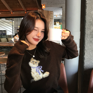 ZSS 猫咪提花圆领毛衣女秋冬复古设计感显瘦内搭针织上衣 Atelier