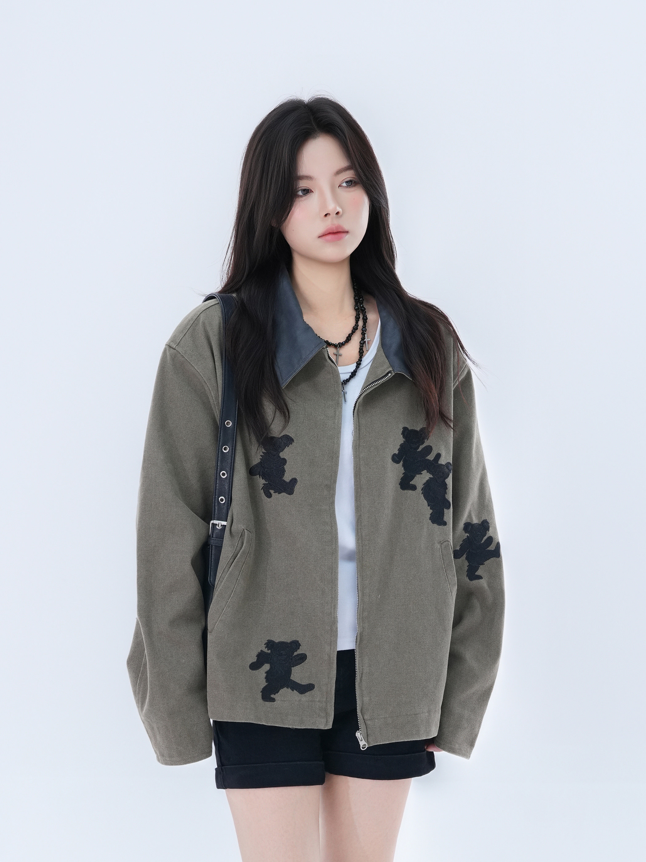 American Retro Bear Embroidery Lapel Jacket for Men and Women, Loose-Fitting Unisex Style Coat