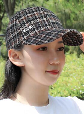 帽子女千鸟格百搭加厚秋冬季保暖鸭舌帽户外可调节洋气棒球帽男潮