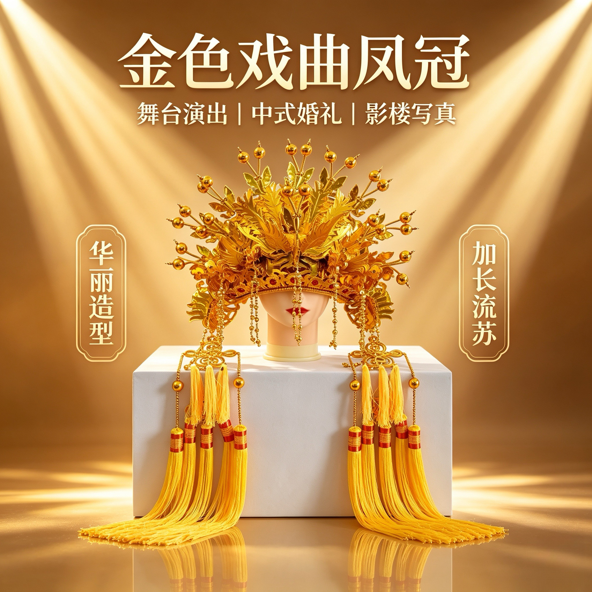 金色九凤戏曲凤冠贵妃娘娘头饰京剧盔头影楼写真中式婚礼流苏头冠