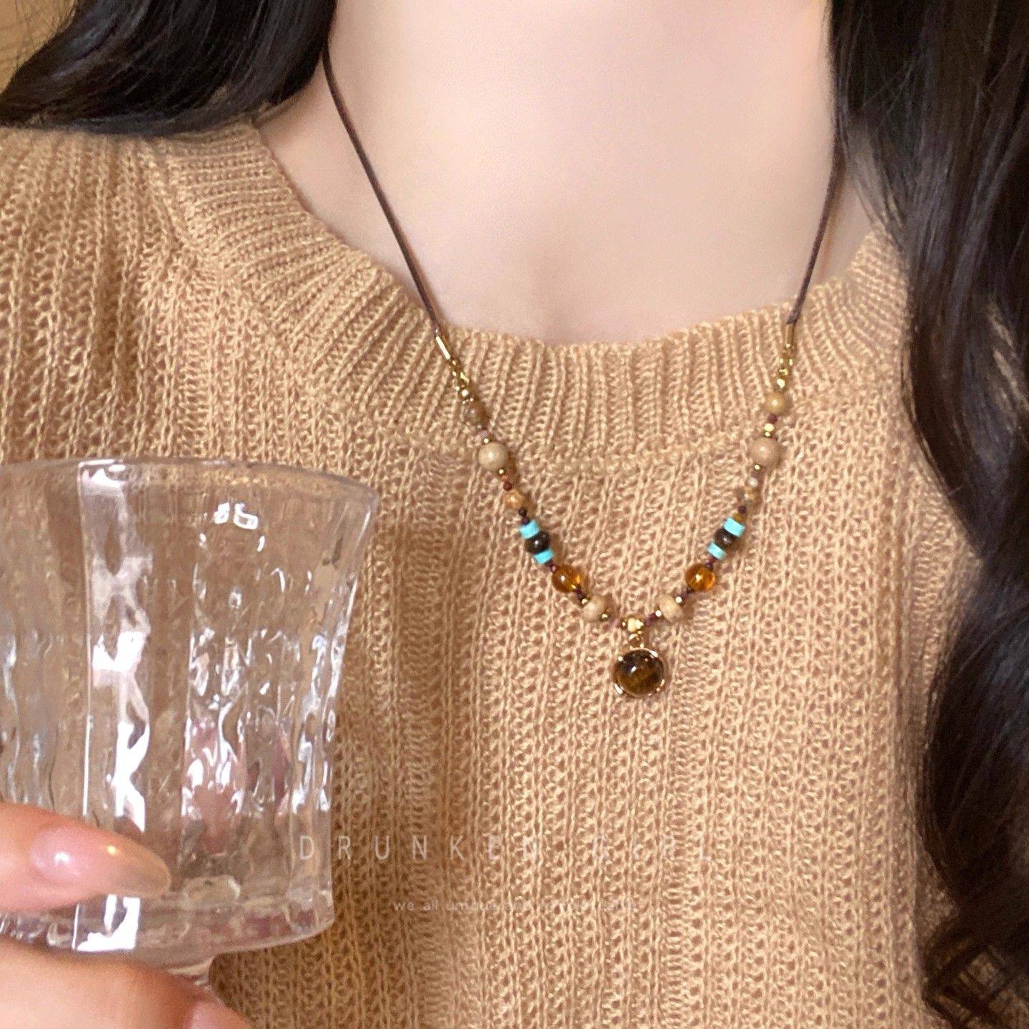 复古美拉德圆环虎眼石串珠项链女轻奢小众高级感毛衣链配饰颈链,饰品/流行首饰/时尚饰品新,项坠/吊坠,淘宝优惠券,粉丝福利购,淘宝优惠卷