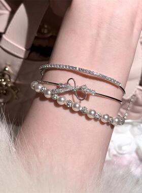 花想容双层蝴蝶结珍珠叠戴手链