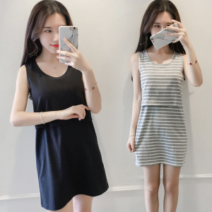哺乳衣外出背心连衣裙睡裙无袖t恤上衣条纹纯棉喂奶夏季产后时尚