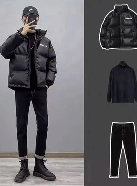 潮流棉服加绒加厚三件套男士冬季