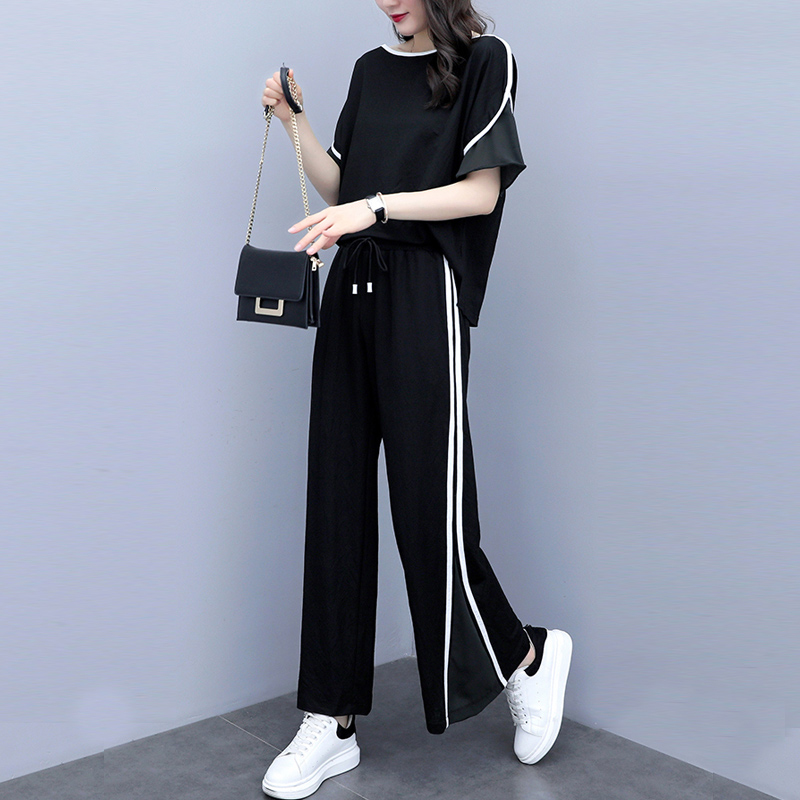 大码休闲运动套装女夏季2025新款减龄时尚洋气胖mm阔腿裤两件套