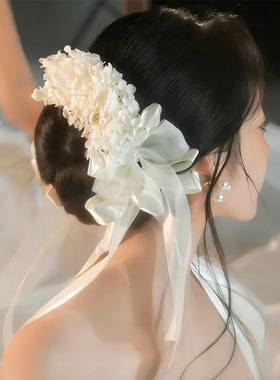 森系米白色永生花蝴蝶结发饰甜美婚纱造型仿真花配饰新娘结婚头饰