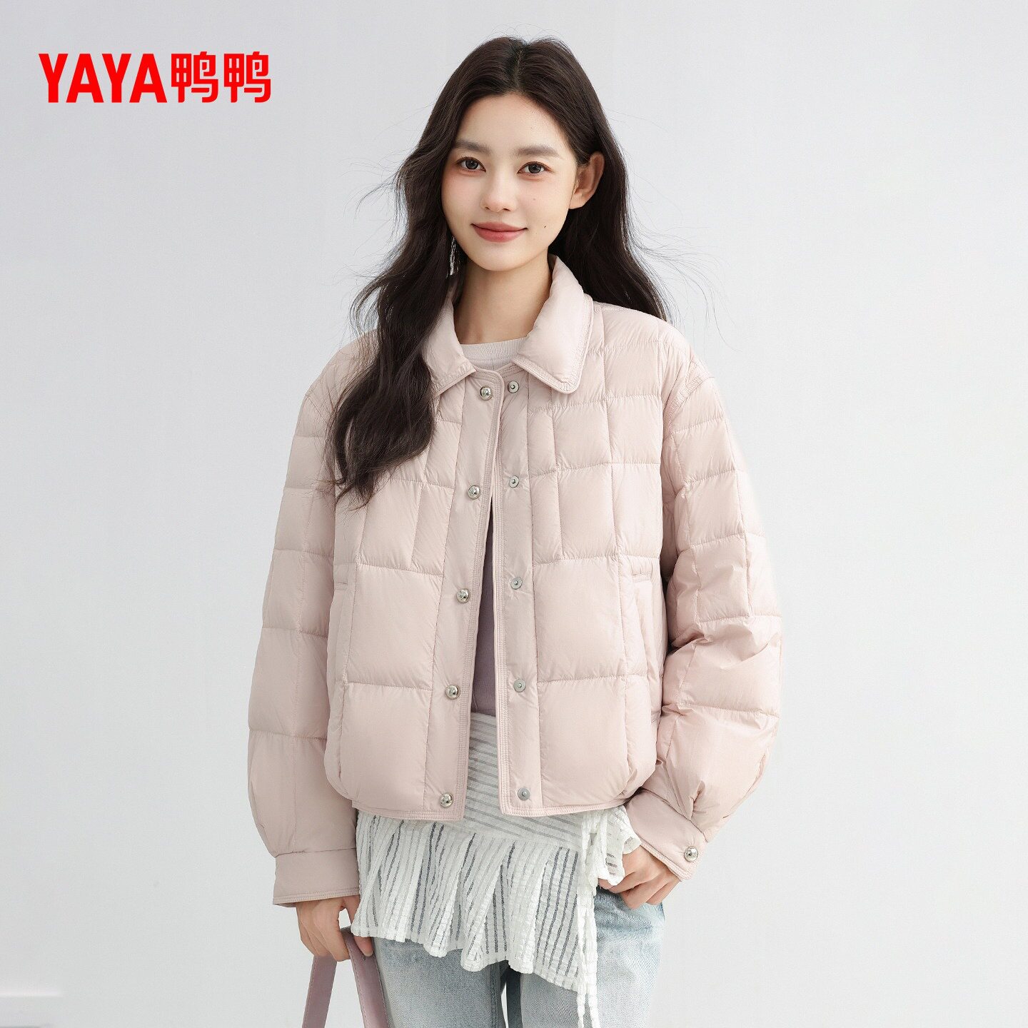 鸭鸭薄款羽绒服女2026秋冬新品短款小翻领宽松时尚简约泡芙外套J