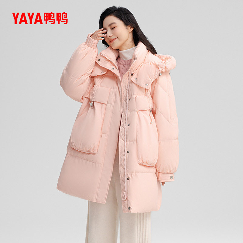 鸭鸭羽绒服女冬季反季中长款立领连帽加厚宽松直筒鸭绒保暖外套S