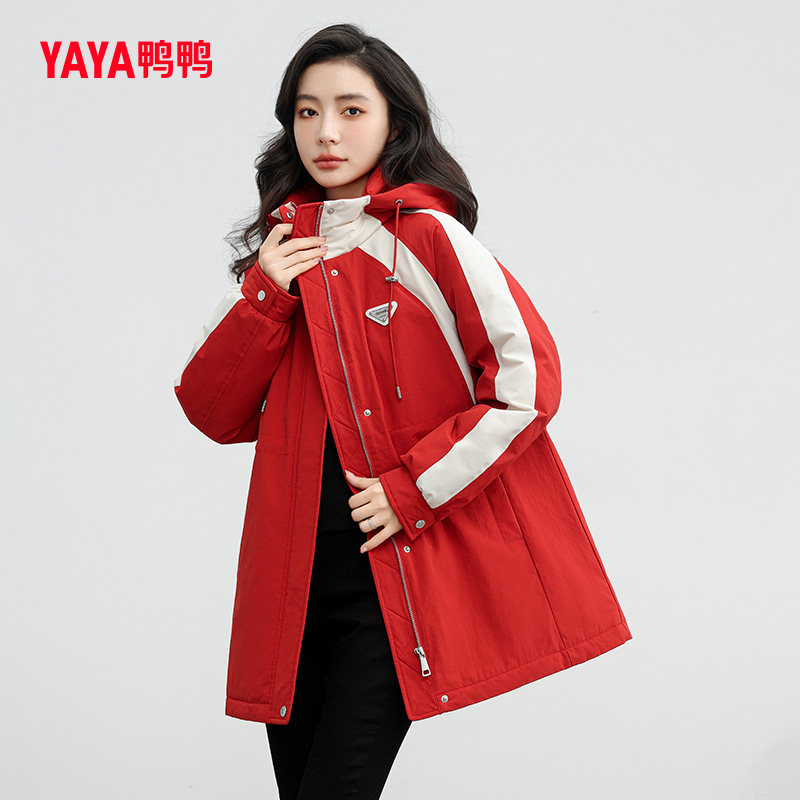 鸭鸭羽绒服女短款抽绳收腰2023冬季新品中长款连帽显瘦拼色外套J