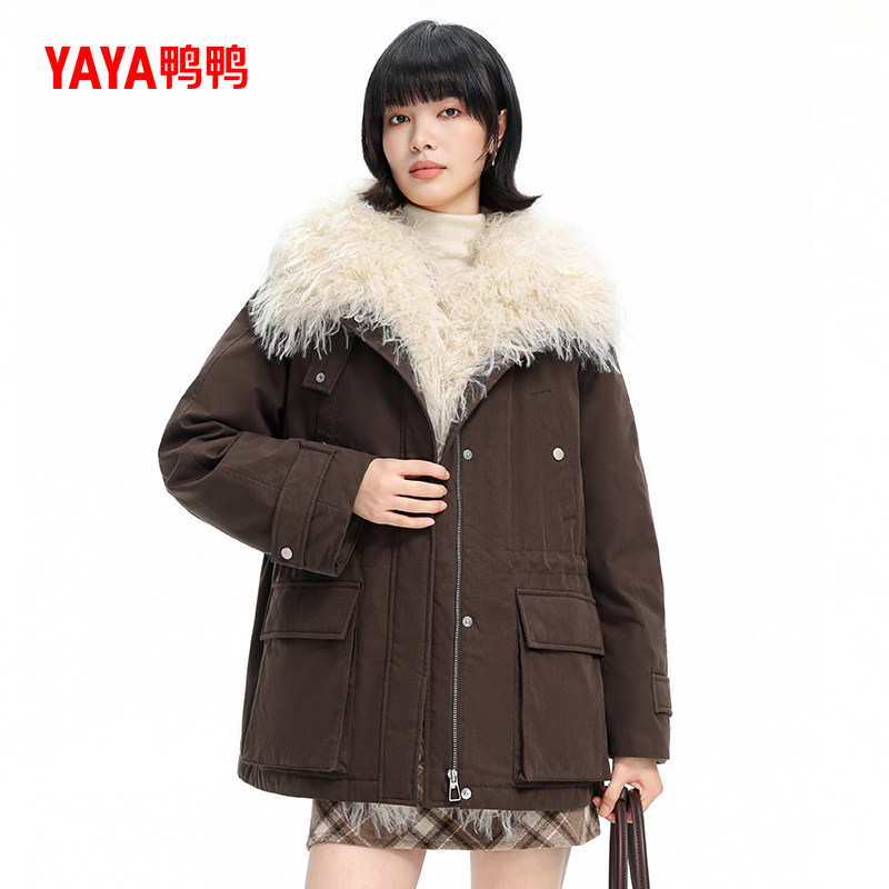 鸭鸭羽绒服女2026年秋冬新品韩版保暖时尚派克服潮流大毛领鸭绒S