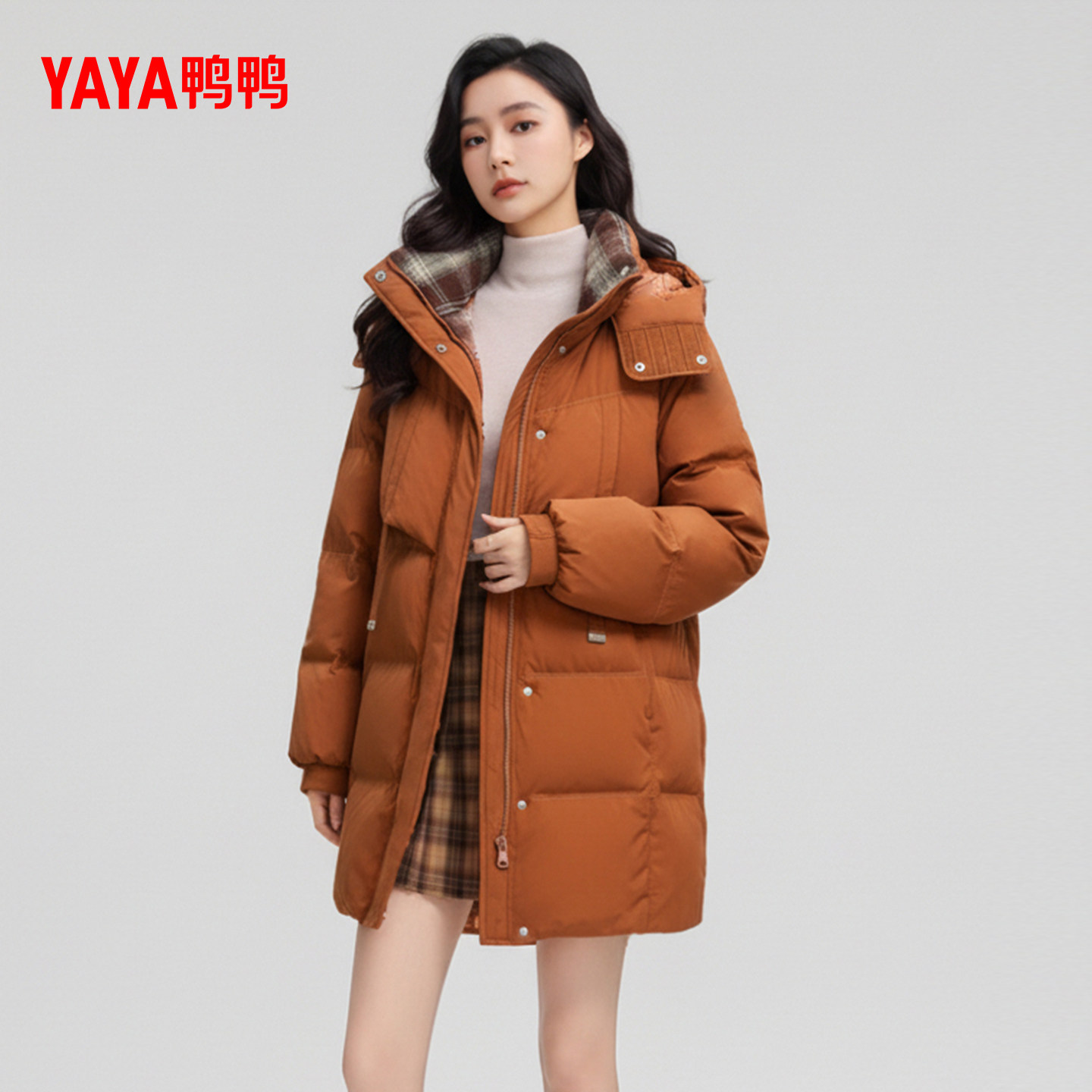 鸭鸭羽绒服女2025秋冬新品中长款连帽加厚直筒百搭鸭绒保暖外套S