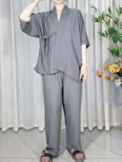 Китайцы одежда наборы 汉墨记原创天丝睡衣汉服短裤套装纯色对交穿半袖短衫日常情侣款男 29534