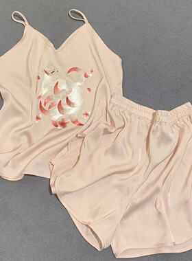 汉墨记苏绣刺绣日常吊带套装醋酸中国风背心打底衫睡衣套头家居服