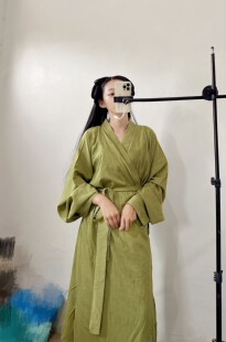 直裾袍汉服 素睡衣女装 汉墨记纯色睡袍改良垂胡袖 中国风家居服汉元