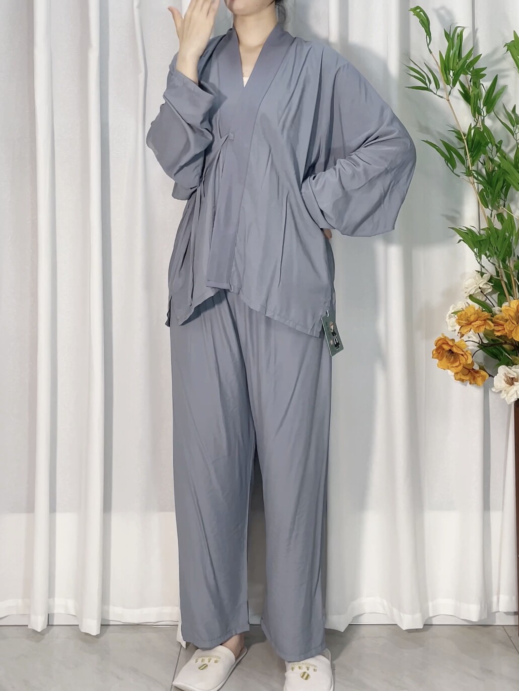 HANMOJI 오리지널 HANFU 남성용 가정복 대각선으로 착용하는 긴팔 정장 성인용 한 요소 단색 잠옷 개선