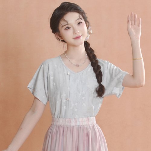 汉墨记小花花唐褙子短袖上衣