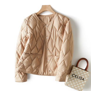 性价比单品 压线格纹圆领单排扣白鸭绒薄款羽绒服外套女