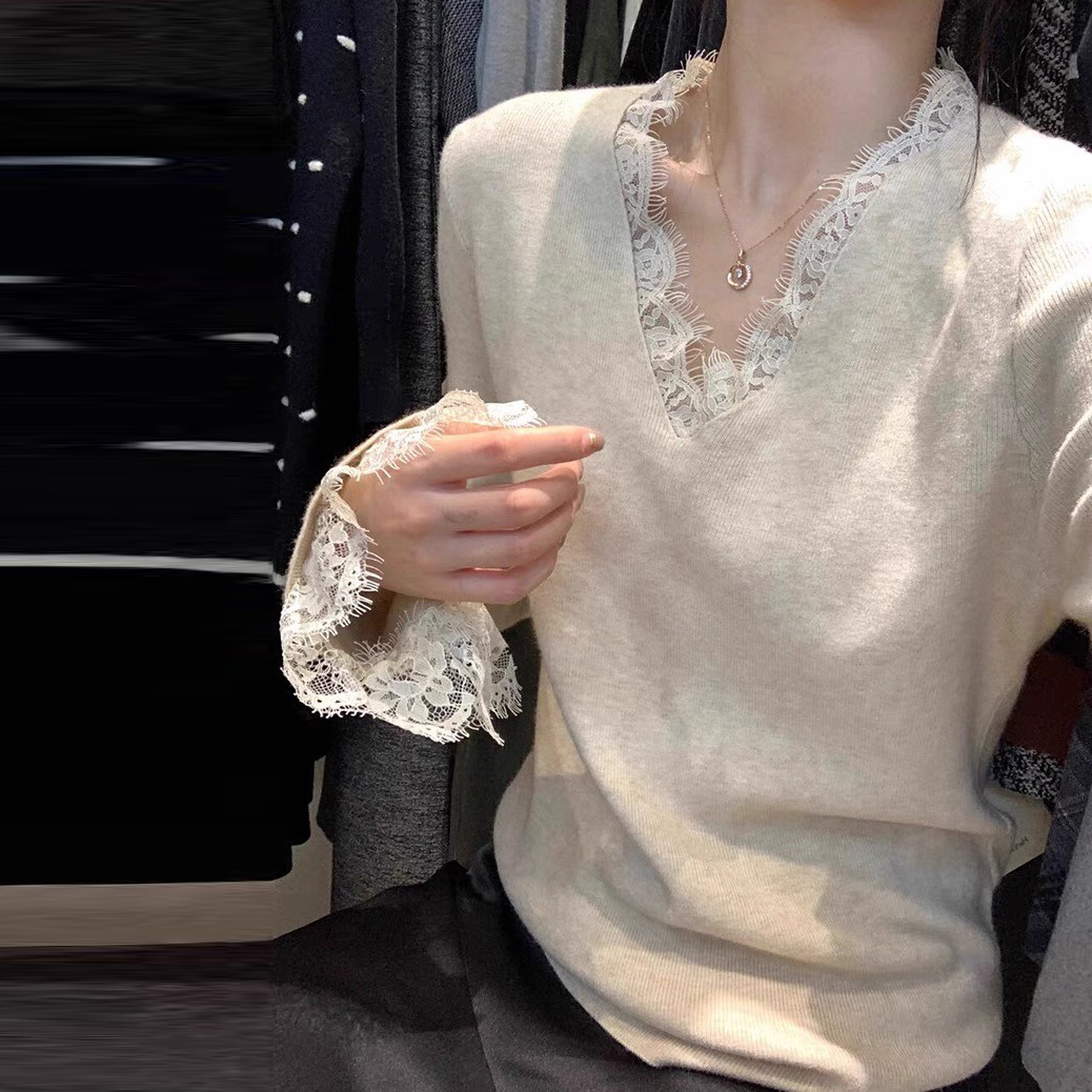 法式V领针织衫女蕾丝花边喇叭袖