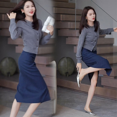 初春装搭配一整套高级感名媛气质女神范高端针织开衫半身裙套装