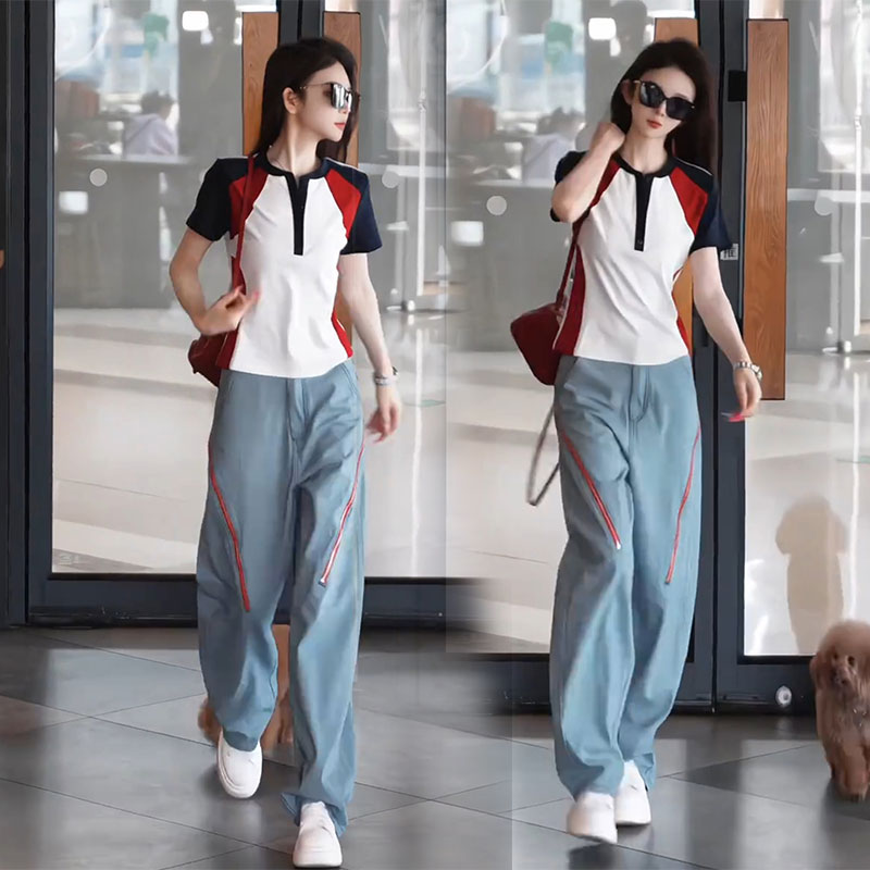 2025夏季韩版显瘦半开领短袖t恤上衣斜拉链窄版条纹裤子两件套装