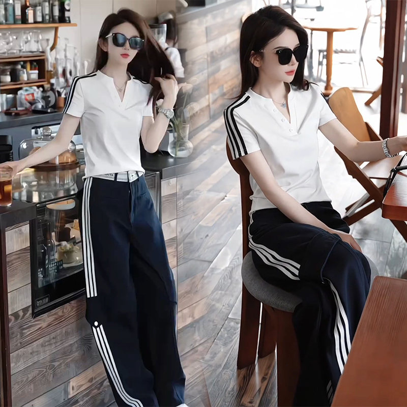 2025夏季个性三条杠v领短袖t恤高腰直筒裤子网红炸街韩版两件套装