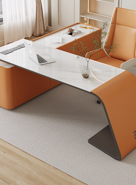 意式极简岩板书桌书房现代简约家用L型电脑桌书柜一体轻奢办公桌