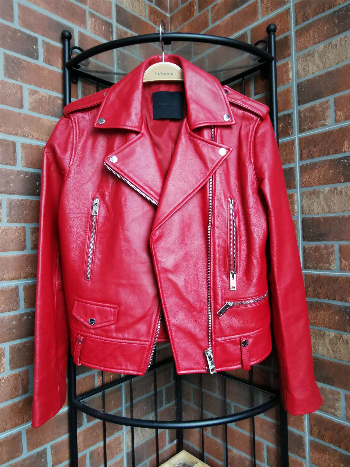 Mind Bridge百家好女款羊皮夹克拉链短款上衣春季修身机车红色