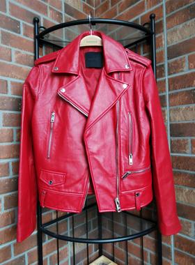 Mind Bridge百家好女款羊皮夹克拉链短款上衣春季修身机车红色