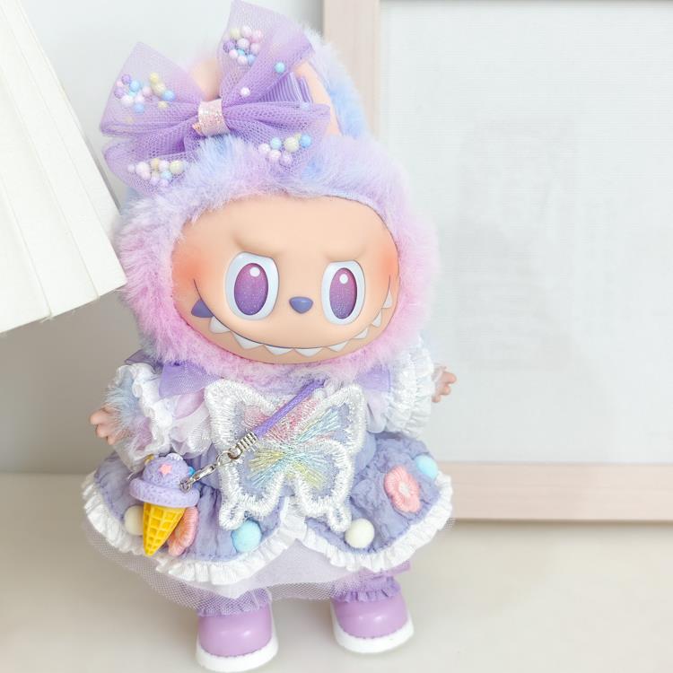 前方高能3代拉布布搪胶毛绒盲盒挂件labubu3.0幸运紫色娃衣服裙子