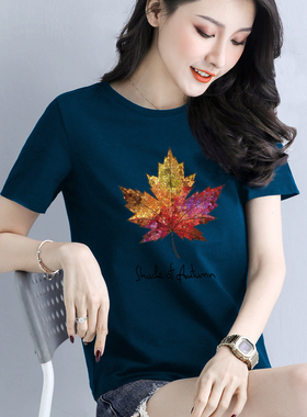 2024新款短袖t恤女纯棉孔雀蓝圆领韩版女上衣夏装宽松半袖百搭潮