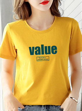 姜黄色印花宽松短袖t恤女2025新款纯棉夏季白色百搭半袖上衣女装