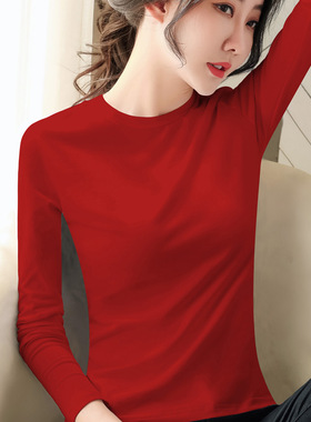 大红色半高领打底衫女长袖2025新款洋气百搭潮体恤纯棉修身秋上衣