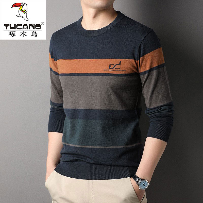 啄木鸟春装薄款长袖t恤男士圆领纯棉宽松中年条纹打底针织小衫