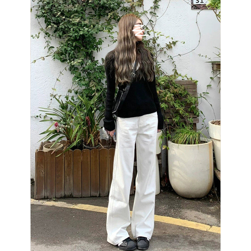 白色高腰直筒牛仔裤女2026年春秋款小个子宽松显瘦窄版阔腿拖地裤