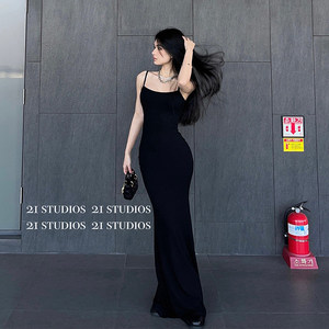 卡戴珊同款夏季收腰性感辣妹修身显瘦包臀黑色吊带连衣裙女长裙子