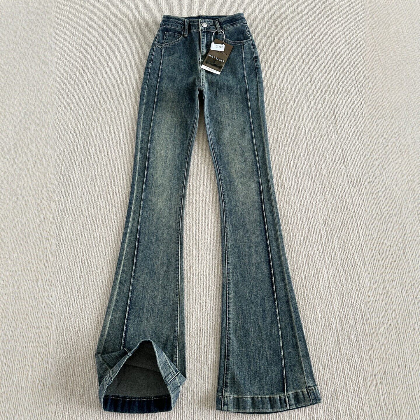 复古深蓝色微喇牛仔裤女秋冬加绒大尺码胖mm高腰显瘦遮胯弹力喇叭