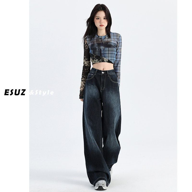 深蓝色渐层阔腿牛仔裤女夏季新款高腰宽松美式松弛垂感直筒拖地裤