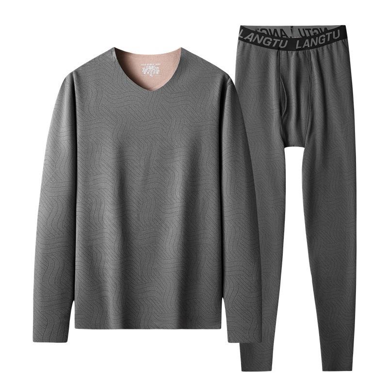 加肥加大码冬男士保暖内衣套装宽松V领德绒秋衣秋裤打底衫2件套