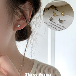 叁七 · 通体s925银四芒星锆石耳钉韩系简约耳环养耳洞防过敏耳饰