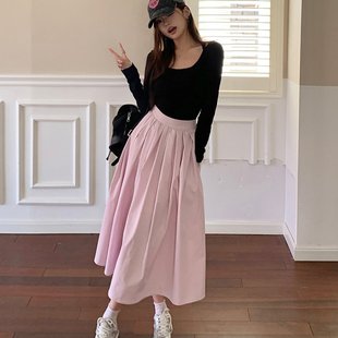 HeartyBite 2025秋冬新款甜美粉大摆A字版型褶皱长裙女半身裙子