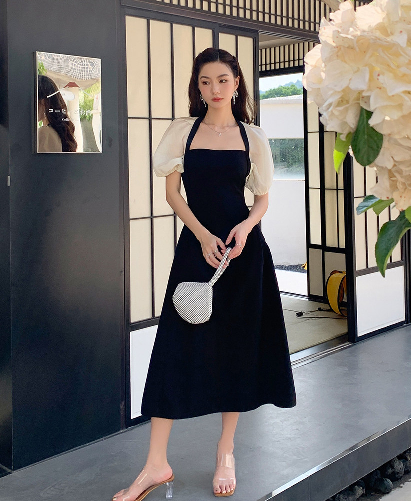 夏装新款高级感气质名媛黑色连衣连衣裙