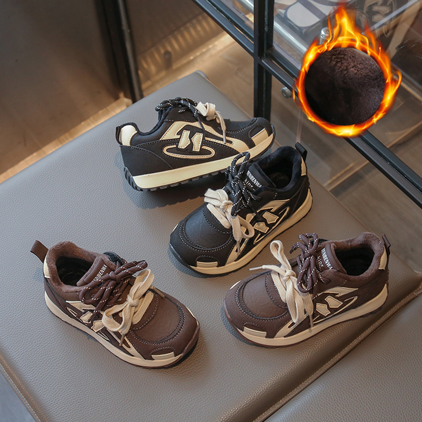 儿童二棉运动鞋2025年秋冬季新款男童双系带加绒休闲鞋女童阿甘鞋