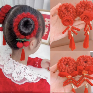 新年头饰中国风流苏发圈大红色儿童喜庆头绳鸿运当头扎丸子头发饰