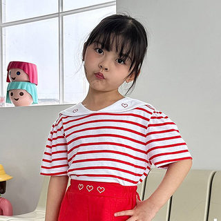 丢丢2024儿童夏装韩国童装新品女童条纹翻领安心薄款短袖T恤L435