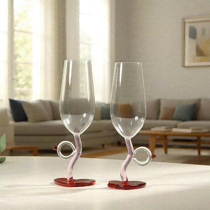 情侣戒指对杯香槟高脚杯爱心玻璃杯婚庆情人节礼物底酒杯红酒杯
