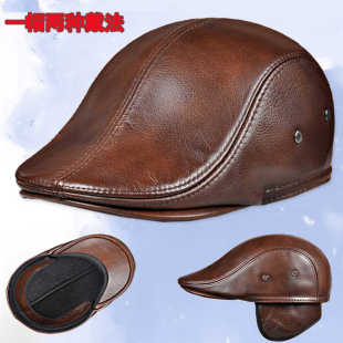 真皮帽子男款2024新款鸭舌帽秋冬季牛皮中老年保暖护耳爸爸前进帽