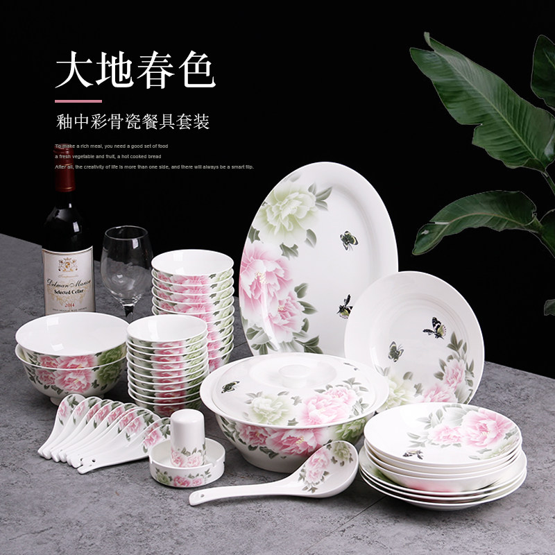 家用高档欧式简约釉中彩大地春色46头陶瓷餐具套装陶瓷碗盘组合