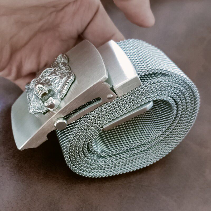男士不锈钢金属裤腰带皮带滚轴扣编织潮男中青年户外防身裤腰带款